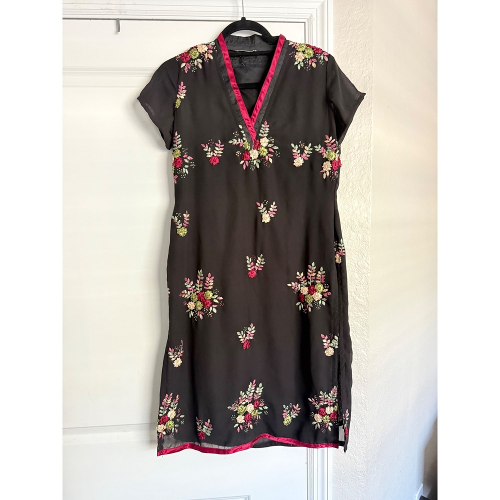 Black Floral Embroidered Chiffon Tunic Dress V-Neck Satin Trim Short Sleeve